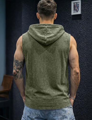 JMIERR Mens 2026 Vintage Washed Sleeveless Hoodie Tank Top Cotton Muscle Workout Gym Streetwear Shirt Green