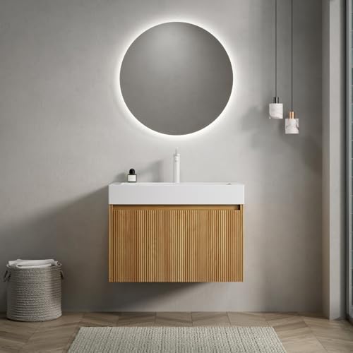 ZHOMGG Mueble de baño 70 cm - Lavabo Integrado Mineral, Cajones con Iluminación LED, Almacenamiento Espacioso, Montaje en pared, Color Natural (Grifo No Incluido)