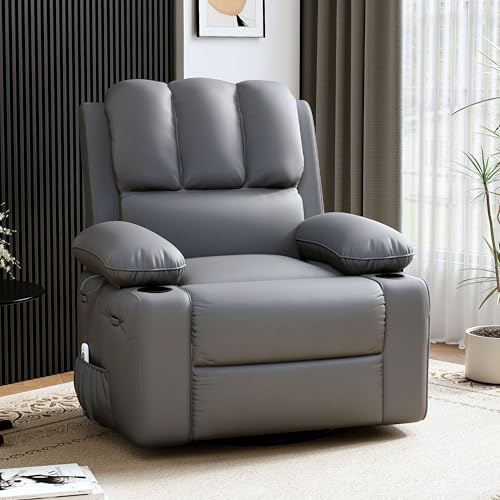 Image of GarveeHome Leather Recliner Chair - Heat and Massage, Swivel Rocker Manual Recliner for Adults, Reclining Sofa Rocking Chair with Side Pocket, Cup Holders for Living Room