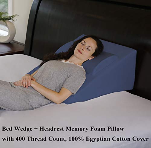 InteVision Foam Bed Wedge Pillow (25" x 24" x 12") + Headrest Pillow in ONE Package - 2" Memory Foam Top - 100% Egyptian Cotton Cover - Helps Relief from Acid Reflux, Post Surgery, Snoring