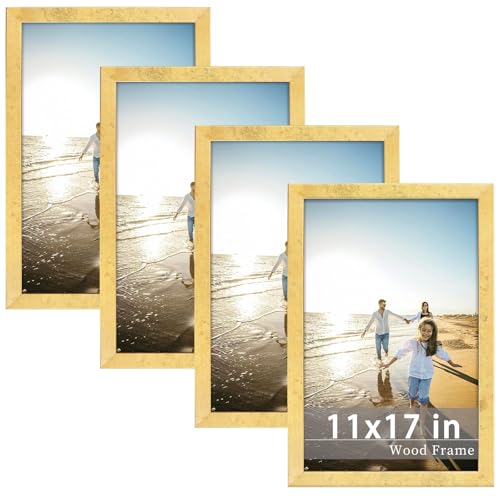 Image of Golden State Art, 11x17 Gold Picture Frame Made of Solid Wood and Tempered Glass - Wall Mounting - Great for Posters, Weddings, and Engagements, 4 Pack