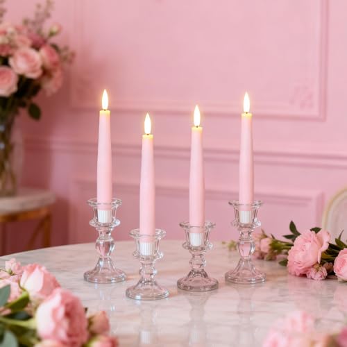 Image of Pink Flameless Taper Candles, Spring LED Flickering Taper Candles Battery Operated with Remote Timer, 4 Pcs Flameless Candlesticks for Spring Wedding Home Decorations(D0.78 inch x H8.1 inch)