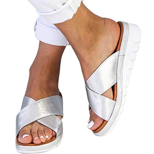 SADA72 Sandalias para Mujer de Piel sintética con Suela Plana para IR de Compras, cómodas, con Plataforma Suave y ortopédica, para Mujer, Silver3, 41