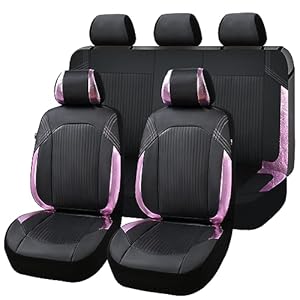 Flying Banner Leather Car Seat Covers Full Set Front Airbag Rear Cup Holder Compatible Fashion Seat Covers for 5 Seater (Black and Pink)