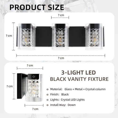 Image of MantoLite Modern Crystal Bathroom Vanity Light, 3CCT Matte Black Wall Light | 3-Light Bathroom Lighting Fixtures With Glass Shade Over Mirror,Bedrooms,Living Room or Dining Areas