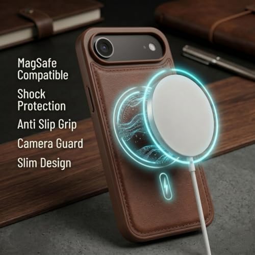 Image of amazon basics Premium PU Leather Case for iPhone 17 Air, MagSafe Compatible Magnetic Ring, Sleek Protective Back Cover - [Brown]