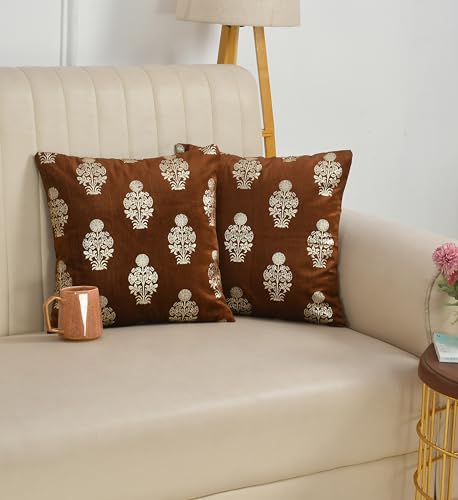 Image of DEVSANG Foil Velvet Cushion Covers 16 inch x 16 inch Set of 2 pc, Brown