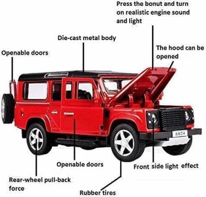 CROPDAK 🏎️ Scale Exclusive Alloy Metal Pull Back Die-cast Car Model with Sound Light Mini Auto Toy for Kids Metal Model Toy Car with Sound and Light (1.32 Scale Defender-RED) 4