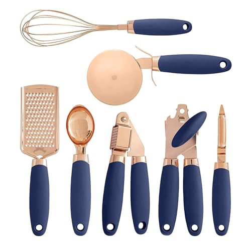 SKYTONE Kitchen Tools 7 Pcs Pure Copper Soft Silicone Touch Handles Kitchen Gadget Set Utensils Tool | Can Opener, Pizza Cutter, Ice-cream Scoop, Cheese Grater, Peeler, Garlic Press, Whisk (Navy Blue)