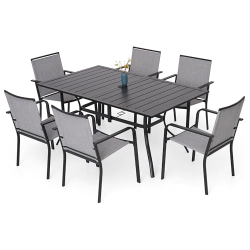 Image of Anmutig 7-Piece Outdoor Dining Set, Powder Coated Steel Table with 6 Stackable Sling Chairs, 63 x 38 Inch Table Grey Fabric