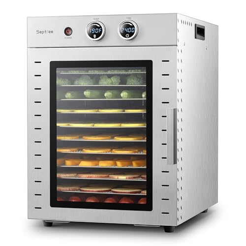 Food Dehydrators Machine with 12 Stainless Steel Trays with Timer Setting Temperature Adjusted 68 ℉ to 194 ℉ Dryer for Herb Fruit Meat Vegetables Mushroom Beef for Commercial Household Secret Silver