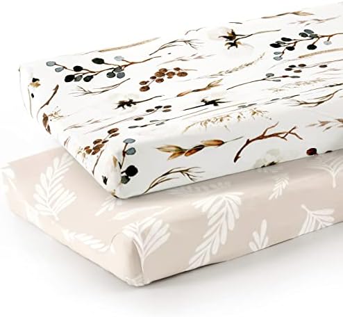 GRSSDER Stretch Ultra Soft Jersey Knit Changing Pad Cover Set 2 Pack, Change Table Pad Covers Fit 32"/34" x 16" Pads Safe and Snug, Stylish Pretty Flora for Baby, Beige
