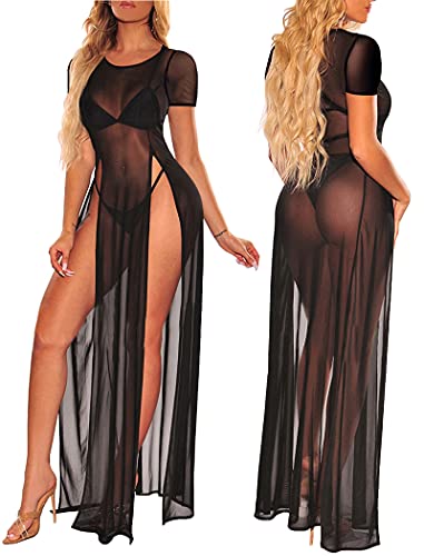 Fairbeauty Women's Sexy Mesh Sheer Swimsuit Cover Ups Short Sleeve Long Beach See Through Dress #TOP2