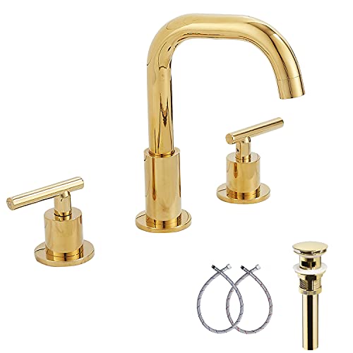GGStudy 360° Swivel Spout Two Handles 3 Holes 8-16 inch Widespread Bathroom Sink Faucet Gold Finish Matching with Pop Up Drain