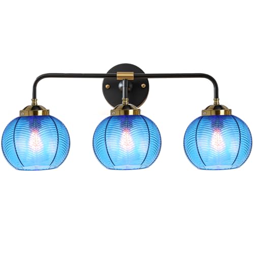 Image of Vanity Lights for Bathroom,Mid Century Vanity Light Black Sconce Blue Bathroom Light Fixture Over Mirror Ribbed Glass Globe Shade Art Deco Vanity Lights Modern Wall Sconce 3-Lights