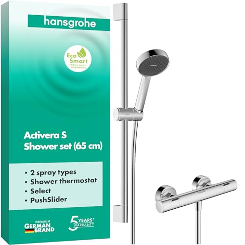 hansgrohe Activera Select S - Duschset mit Thermostat Ecostat Fine, wassersparendem Duschkopf (EcoSmart), Brausestange (65 cm), Brauseschlauch (1,60 m) und Duschkopfhalterung, Chrom, 28876000