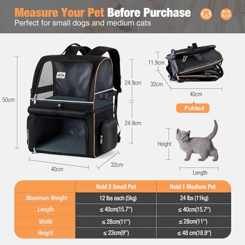 Lekespring Doppellagige Katzen Rucksack für 2 Katzen Große Katzen Transport Rucksack Faltbare Haustier Rucksack für Katzen Hunde bis 11kg - Schwarz