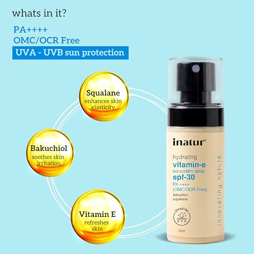 Image of inatur Vitamin E SPF 30 PA++++ Sunscreen Spray | Waterproof Sunscreen Spray | Broad Spectrum Protection + Moisturizer | Vegan & Natural | For All Skin Types | Lightweight & Non-Greasy | 50ml