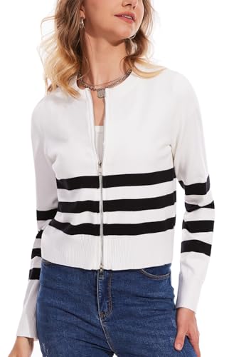 Image of MISS MOLY Women's Striped Cardigan Sweaters Full Zip Trendy Long Sleeve Round Neck Dressy Casual Knit Pullover Sweater White XS