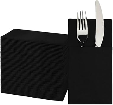 JEBBLAS Dinner Napkins with Built-in Flatware Pocket, Cloth Like Napkins, Black Linen-Feel Disposable Hand Napkins for Kitchen, Parties, Weddings, Dinners or Events, 16x16inches, Pack of 50
