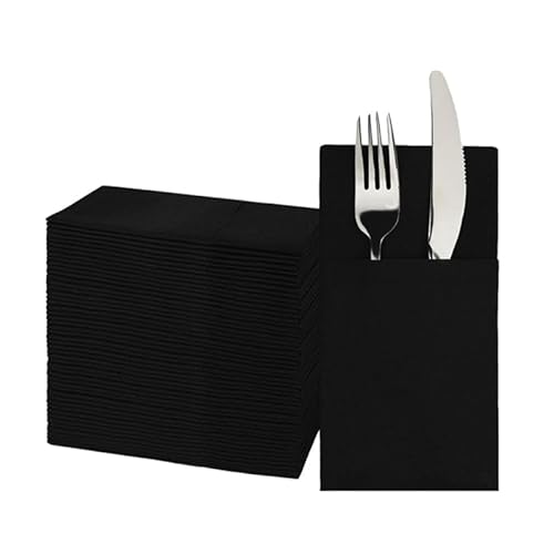 JEBBLAS Disposable Dinner Napkins with Built-in Flatware Pocket, Cloth-Like, Linen-Feel for Parties, Weddings, Dinners or Events, 16x16inches, Pack of 50, Black