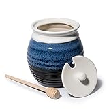 Honey Jar Pot By Gute 6'H - Elegant & Modern Ceramic With Dipper & Lid Rosh Hashanah Gift - Home Kitchen Honey and Syrup, Gorgeous Blue Beehive Honey Jar, Great For Jam, Jelly, 14oz (Ocean Blue)