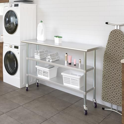 Image of AmGood Stainless Steel Work Table with 2 Shelves and Casters | Metal Utility Table On Wheels (Stainless Steel Work Table with 2 Shelves + Casters, 60 inch Long x 18 inch Deep)