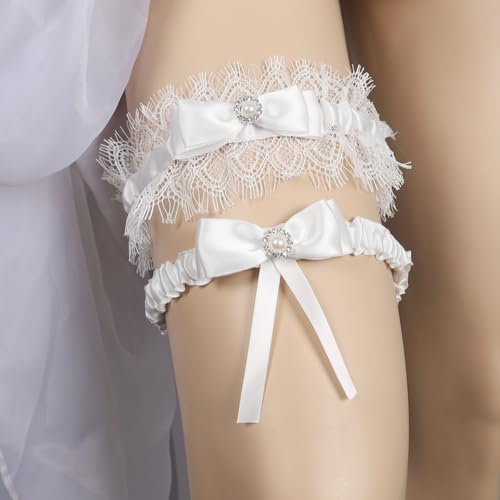 Image of Lace Wedding Garters for Bride with Pearl Party Prom Leg Garter Belt