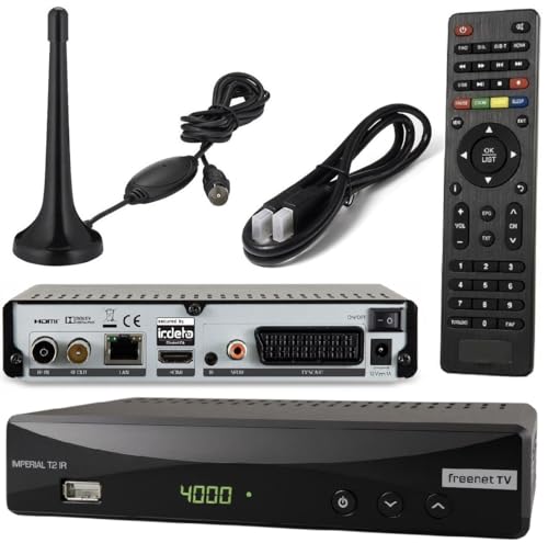 Imperial T2 IR Plus DVB-T2 Receiver (Inkl. 3 Monate FREENET TV) + DVB-T Antenne + netshop 25 HDMI Kabel, PVR Ready, HDMI & SCART, USB, HDTV mit Aufnahmefunktion und Time-Shift