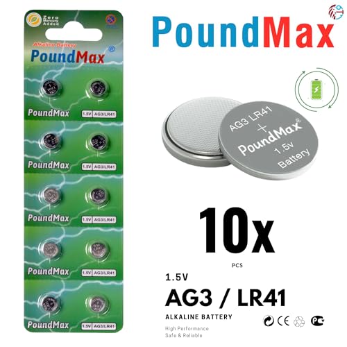 Pilas alcalinas PoundMax AG3 LR41 1.5v botón 10 unidades miniatura 3