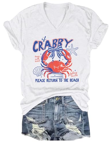 Womens Funny Beach Shirts, If Crabby Please Return to The Beach T-Shirt Funny Crab Summer Coastal Tee