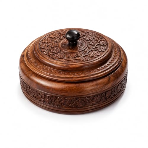 Image of Handcrafted Sheesham Wood Dry Fruit Box with Lid & 4 Compartments | Premium Carved Round Storage Container for Dry Fruits, Spices, Snacks & Gifting | Traditional Wooden Decorative Box (7 Inch)