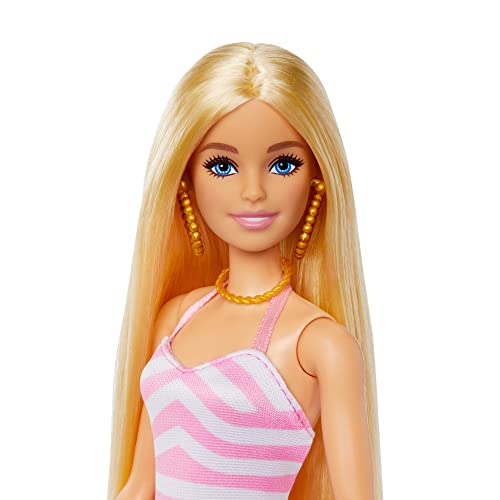 Barbie Plage Poupée Mannequin Blonde avec Maillot De Bain Rose Et Blanc, Chapeau, Sac De Plage Et Accessoires pour La Plage Jouet Enfant, Dès 3 Ans, HPL73 – Image 4
