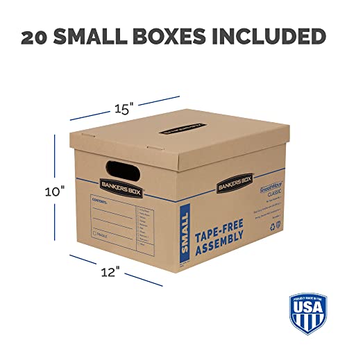 Bankers Box Small Classic Moving Box 20 Pack, Reinforced Handles, Tape-Free Assembly, Box with Lid, 15-in x 12-in x 10-in (7714210)