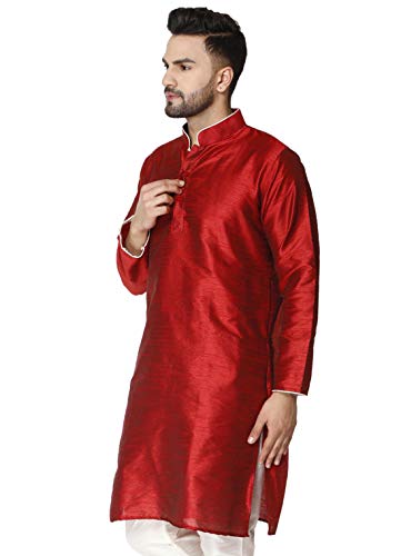 Image of Men's Art Silk Woven Design Long Kurta Mandarin Collar Straight Shirt
