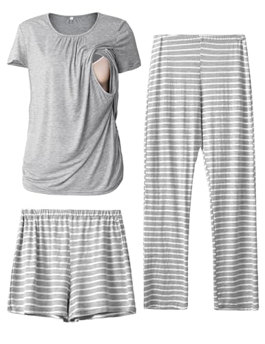 SUNNYBUY Womens Maternity Nursing Pajamas Set, Short Sleeve Breastfeeding Shirts，Pregnancy