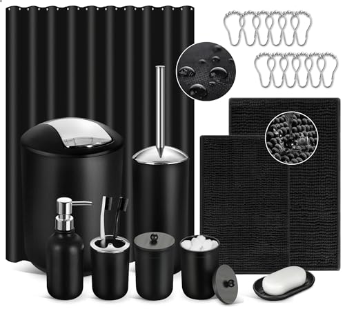 ALPIRIRAL Black Bathroom Accessories Set 22Pcs Bathroom Sets with Shower Curtain and Rugs Bathroom Accessories Sets Complete with Trash Can Non-Slip Bathroom Rugs Super Absorbent
