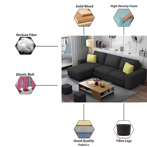 Image of Orland 4 Seater LHS L Shape Sofa Set for Living Room | Color - Black | Premium Fabric Sofa