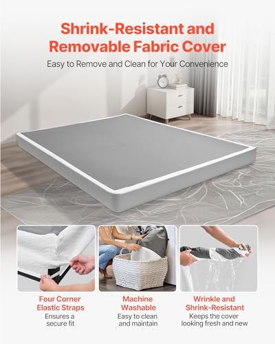 Image of VEVOR Box Spring, Queen Size Bed Frame with Washable Fabric Cloth, Heavy Duty Metal Frame for Queen Bed, 5.1 in Mattress Foundation, 3500 lbs Max Weight Capacity, Easy Assembly, 79.1 x 59.6 x 5.1 in