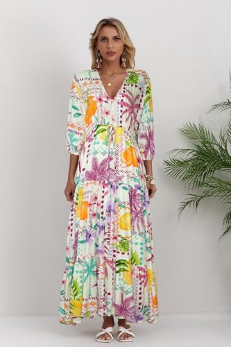 Image of Women Short Sleeve V Neck Floral Print Casual Bohemian Maxi Dresses