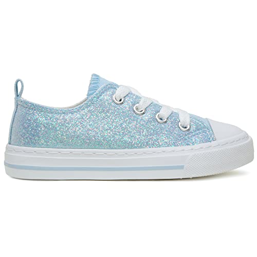 Toandon Kids Girls Sneakers Glitter Sequins Canvas Shoes Toddler Child Glitter Sparkle Low Top Lace Up Non Slip Lightweight Walking Outdoor Blue Size 3