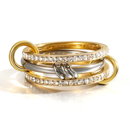 Gold Stackable Rings for Women Non Tarnish 18k Gold Plated Cubic Zirconia Rings Statement Multi Ring Mixed Metals Stack Jewelry Gifts