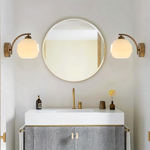 Image of Milk Glass Wall Sconce Brushed Gold Wall Sconce Globe Set of 2 | Mid Century Wall Mounted Light Modern Bathroom Sconces Wall Lighting Bathroom Wall Lamp (bulb not included)