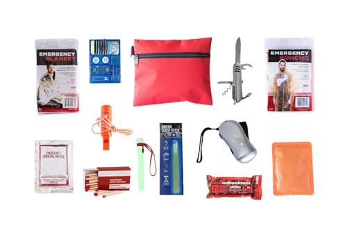 Survival Mini Compact 72-Hour Emergency Kit, Travel Size Durable Bag with Food, Water, Poncho, Blanket, Body Warmer, Flashlight, Whistle & Multi-Tool for Survival Preparedness EDC Survival Kit