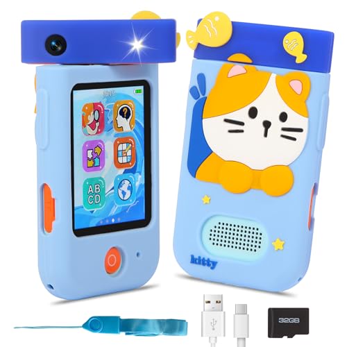 Kinderkamera Spielzeug mit 180°Drehobjektiv&32GB Karte,Kinder Kamera mit Touchscreen&Silikonhülle,Weihnachts und Geburtstagsgeschenk für Mädchen und Jungen 3 4 5 6 7 8 Jahre-Blaue Katze,A200