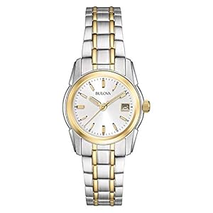 Bulova Ladies’ Classic Two-Tone Stainless Steel 3-Hand Calendar Date Quartz Watch, Silver-White Dial (Style: 98M105)