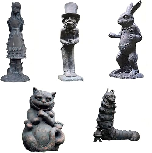 Alice in Wonderland Outdoor Statues - 5PCS Set | Ideal for Alice in Wonderland decor crafted from durable hand-cast stone resin perfect for indoor and outdoor garden patio lawn and yard decoration