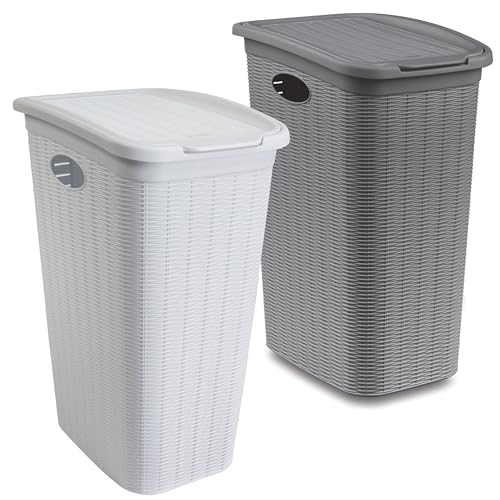 Lot de 2 paniers à linge étroits de 36 l - Aspect rotin avec couvercle - Avec trous - 39 x 29 x 54 cm - Panier à linge ménager - En plastique