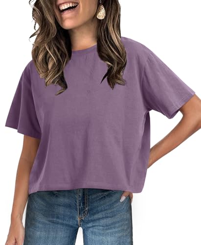 Image of UNCLECAT Womens Short Sleeve Crop Tops Summer Basic Cropped T Shirts | Workout,Casual,Crew Neck Tee,Boxy Loose Fit,Cotton Trendy Clothes