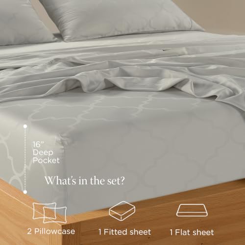Image of Threadmill 300TC Cotton Queen Sheet Set, Sateen, Jacquard, Light Grey | 100% Cotton, Sateen Weave, Jacquard Pattern, 4-Piece Set, 16 inch Deep Pocket, Cooling, OEKO-TEX Certified, Machine Washable
